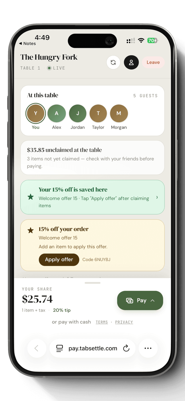 TabSettle guest app — at the table